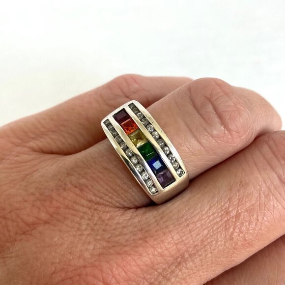 Ross-Simons Sterling Silver Channel Set Multi Gemstone Chakra Band Ring Sz 6.75 - Picture 3 of 16